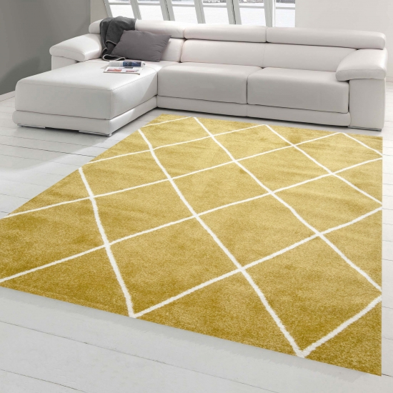 Teppich Skandinavischer Stil Wohnzimmer Rautenmuster - pflegeleicht - gold creme weiß
