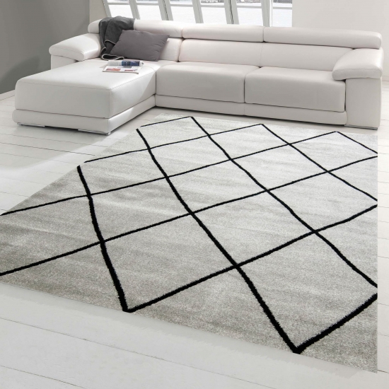 Teppich Skandinavischer Stil Wohnzimmer Rautenmuster - pflegeleicht - grau schwarz