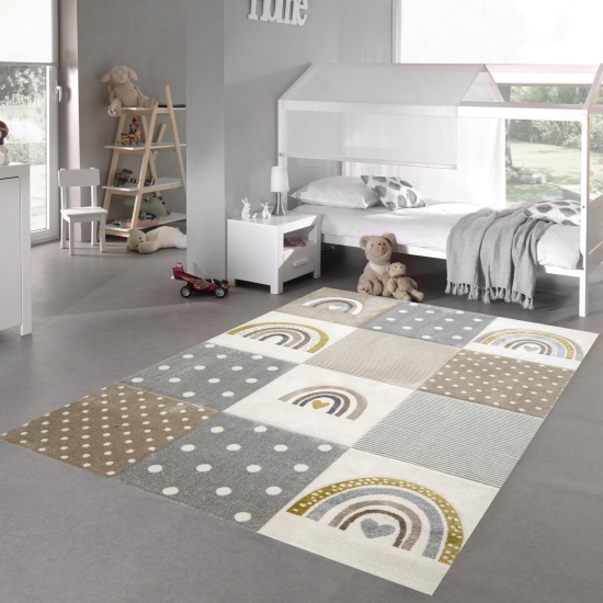 Kinderzimmer Teppich Spielteppich Regenbogen Punkte Herzchen beige grau creme