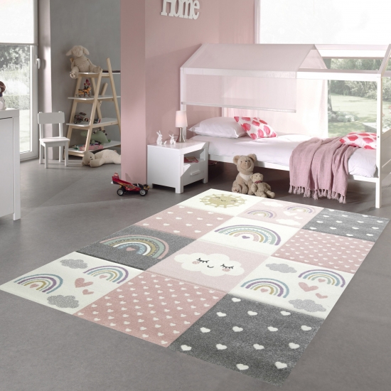 Kinderzimmer Teppich Spielteppich Regenbogen Herzchen Wolken rosa creme grau
