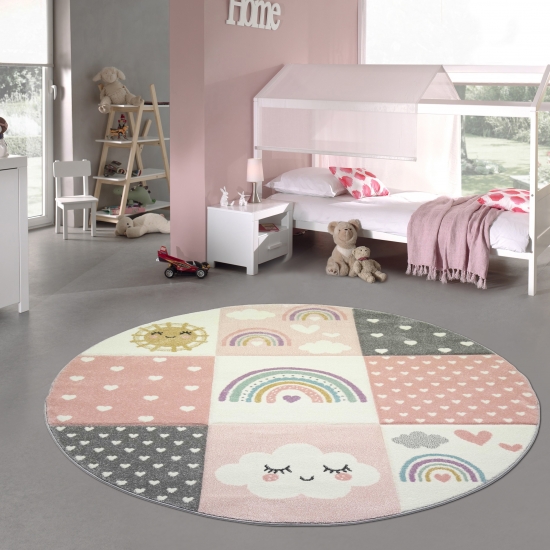 Kinderzimmer Teppich Spielteppich Regenbogen Herzchen Wolken rosa creme grau