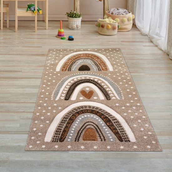 Kinderzimmer Teppich Spielteppich gepunktet Herz Regenbogen Design Creme Beige