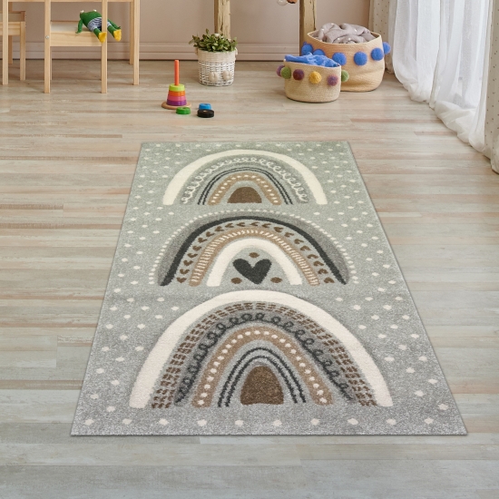 Kinderzimmer Teppich Spielteppich gepunktet Herz Regenbogen Design - grau braun