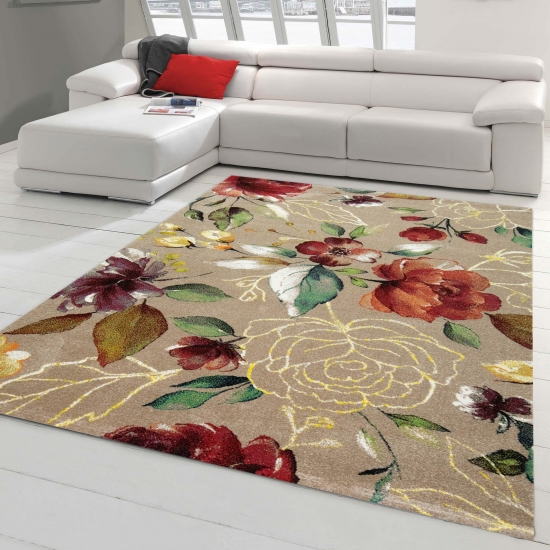 Wunderschön dezenter Teppich mit bunten Blumen – taupe