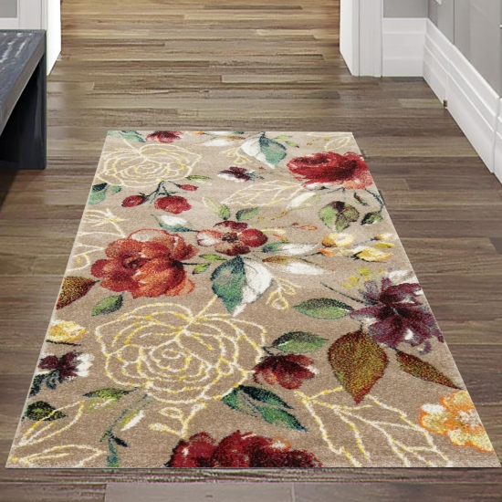 Wunderschöner Teppich mit bunten Blumen – taupe