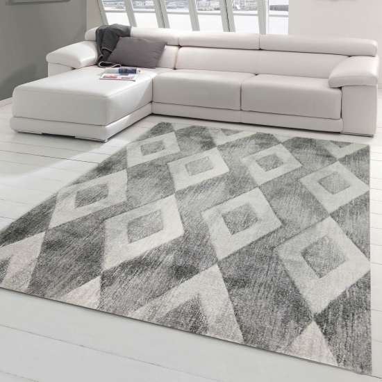 Modern abstrakter Dielen Teppich mit Rautenformen in creme-grau