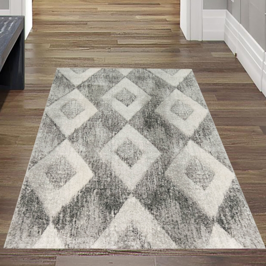 Modern abstrakter Dielen Teppich mit Rautenformen in creme-grau