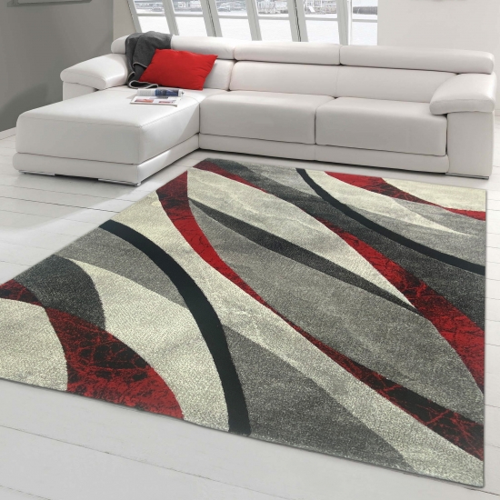 Modern-abstrakter Konturenschnitt Designerteppich in rot grau