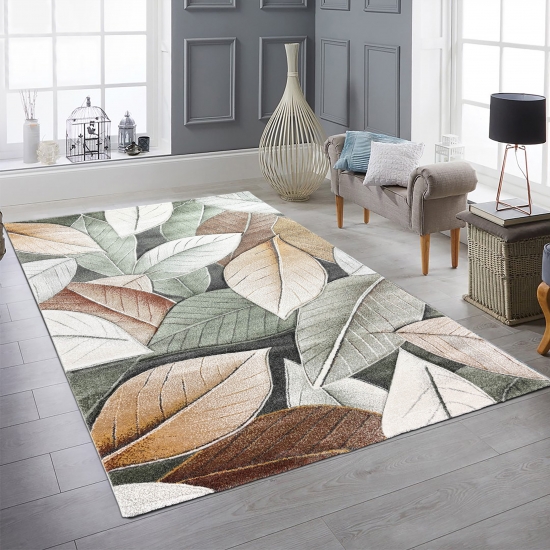 Teppich mit Blattmuster in grün / beige / braun – pflegeleicht & modern für Wohnzimmer und Schlafzimmer