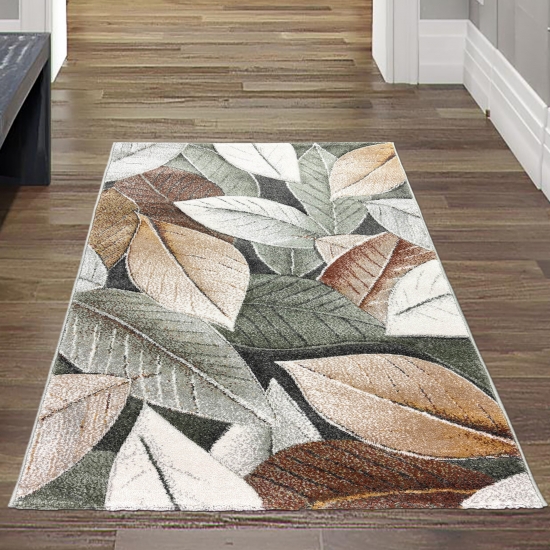 Preview: Teppich mit Blattmuster in grün / beige / braun – pflegeleicht & modern für Wohnzimmer und Schlafzimmer
