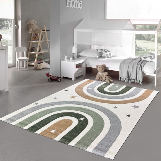 Kinderzimmerteppich Pastelltöne Weich Pflegeleicht mit Regenbogen-Design in creme pastell