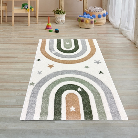 Preview: Kinderzimmerteppich Pastelltöne Weich Pflegeleicht mit Regenbogen-Design in creme pastell