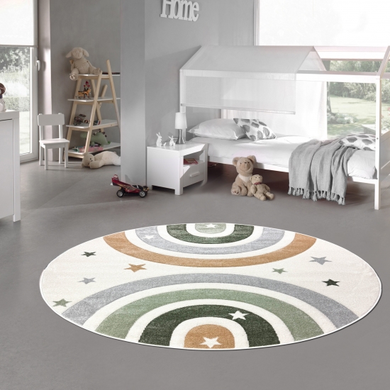 Preview: Kinderzimmerteppich Pastelltöne Weich Pflegeleicht mit Regenbogen-Design in creme pastell