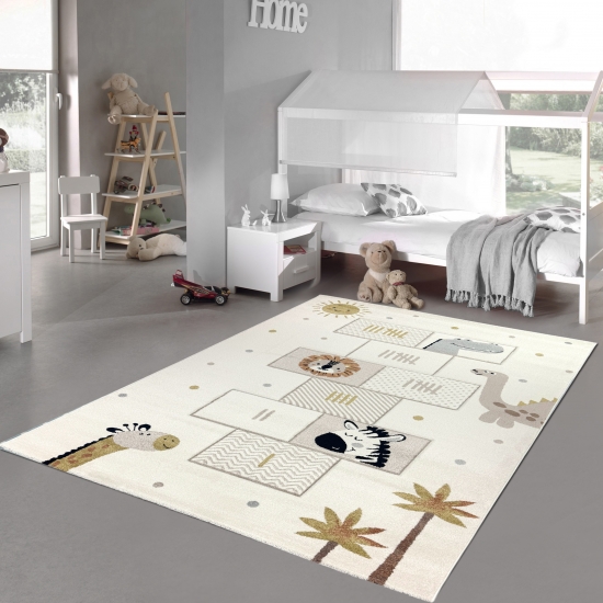 Kinderteppich mit Hüpfspiel & Tieren Weich, Pflegeleicht & Strapazierfähig in creme