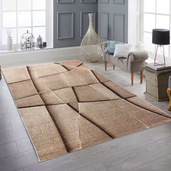 Teppich mit modernem geometrischem Muster in beige / braun – pflegeleicht & wohnlich für Wohnzimmer und Schlafzimmer