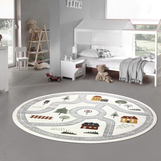 Runder Spielteppich mit Straßenmotiv fürs Kinderzimmer Weich & Pflegeleicht in creme pastelltönen