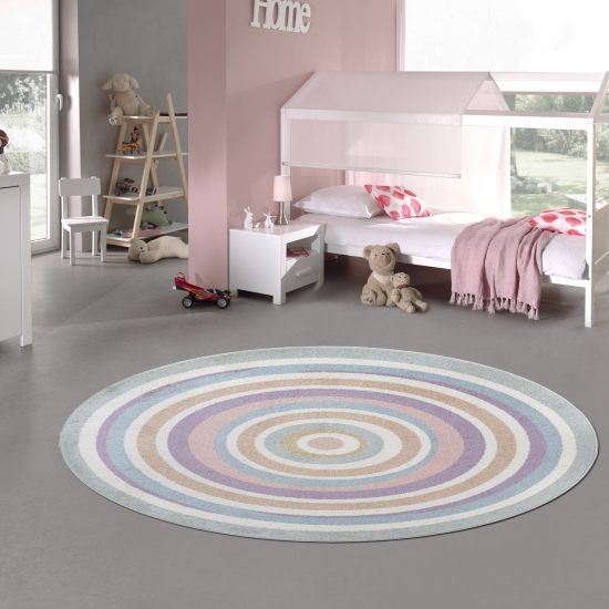 Kinderzimmer Teppich rund mit bunten Kreisen – weich & farbenfroh