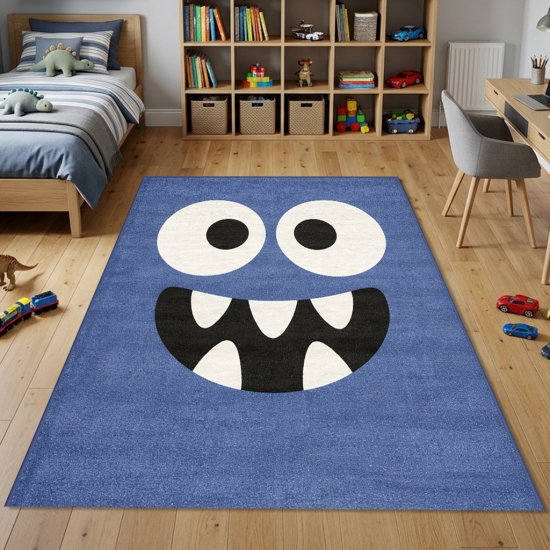 Runder Kinderteppich in Blau mit fröhlichem Monster