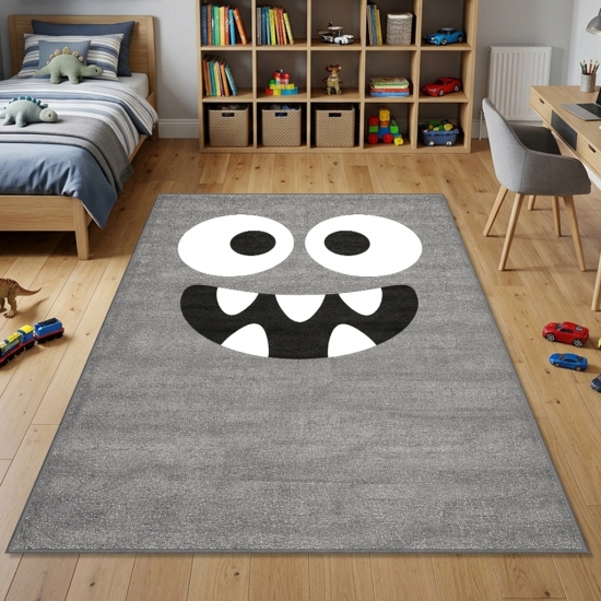 Runder Kinderteppich Grau mit Monster Motiv