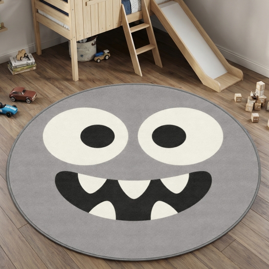 Preview: Runder Kinderteppich Grau mit Monster Motiv