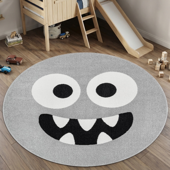 Preview: Kinderteppich Grau mit Monster Motiv