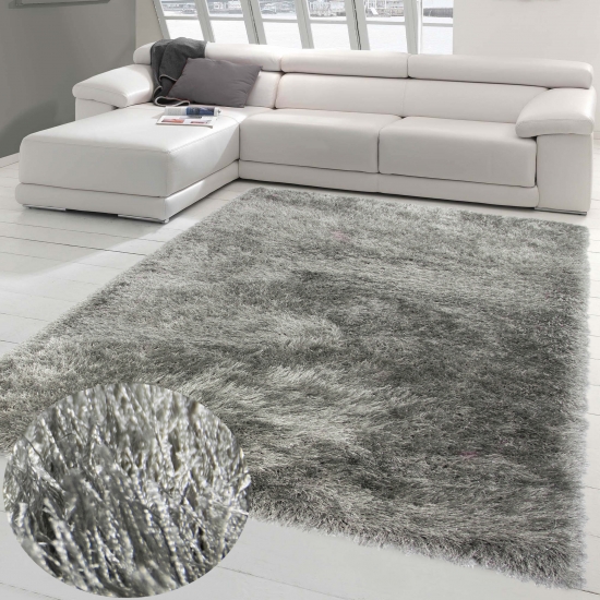 Wertvoller Shaggy Teppich Hochflor mit Glitzer in Grau