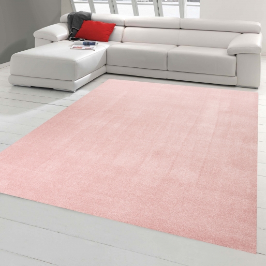 Wohnzimmer Teppich modern Kurzflor mit Uni Design in Rosa