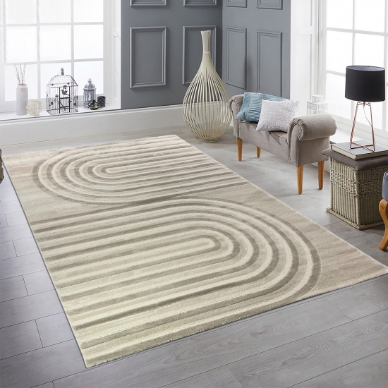 Kurzflorteppich modern Creme Beige Streifenoptik weich Glanzeffekt pflegeleicht Wohnzimmer Schlafzimmer Flur