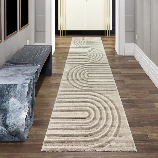 Preview: Kurzflorteppich modern Creme Beige Streifenoptik weich Glanzeffekt pflegeleicht Wohnzimmer Schlafzimmer Flur