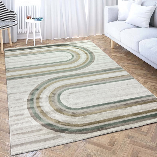 Kurzflorteppich modern Creme Beige Grün Braun Muster weich Glanzeffekt pflegeleicht Wohnzimmer Schlafzimmer Flur