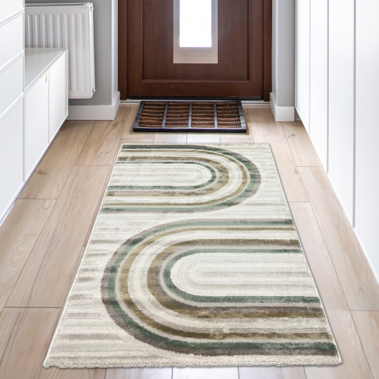 Preview: Kurzflorteppich modern Creme Beige Grün Braun Muster weich Glanzeffekt pflegeleicht Wohnzimmer Schlafzimmer Flur