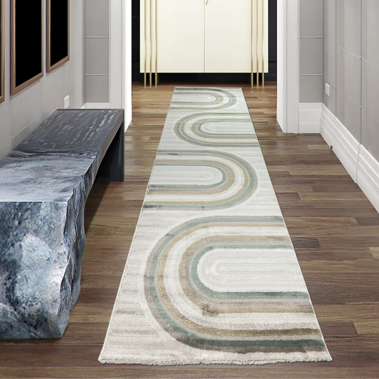 Preview: Kurzflorteppich modern Creme Beige Grün Braun Muster weich Glanzeffekt pflegeleicht Wohnzimmer Schlafzimmer Flur