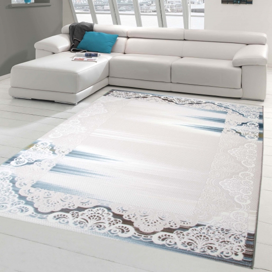 Designer Teppich Moderner Teppich Wohnzimmer Teppich Wollteppich mit Bordüre Ornamente in Türkis Creme Beige Braun