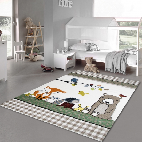 Kinderteppich Spielteppich Kinderzimmer Teppich niedliche bunte Tiere mit Bär Fuchs Hase Igel Eule Vögel Creme Beige Braun Türkis Orange Gelb Grün Rot