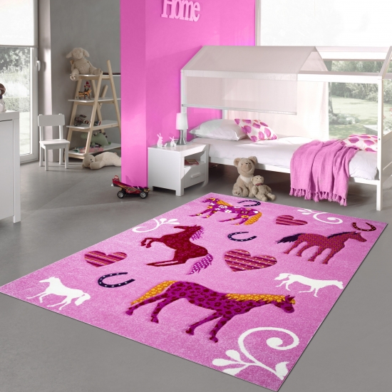 Kinderteppich Spielteppich Kinderzimmer Teppich Pferd Design mit Konturenschnitt Pink Creme Rot Orange Gelb Schwarz