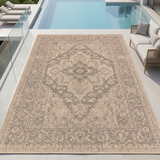 In- und Outdoor Teppich Beige mit Medaillonmuster und Flachgewebe
