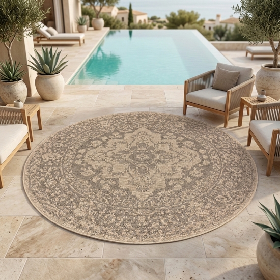Preview: In- und Outdoor Teppich Beige mit Medaillonmuster und Flachgewebe