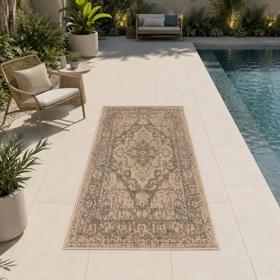Preview: In- und Outdoor Teppich Beige mit Medaillonmuster und Flachgewebe