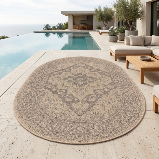 Preview: In- und Outdoor Teppich Beige mit Medaillonmuster und Flachgewebe