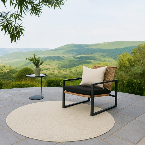 Preview: Teppich Outdoor Wohnzimmer strapazierfähig mit Kreismuster in Creme