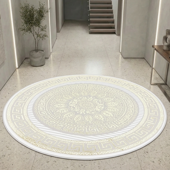 Preview: Orientalischer Designerteppich mit glänzendem Ornament in weiß-gold