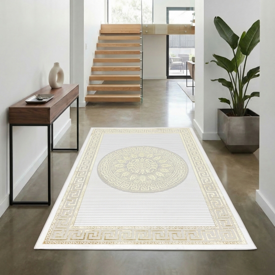 Preview: Orientalischer Designerteppich mit glänzendem Ornament in weiß-gold