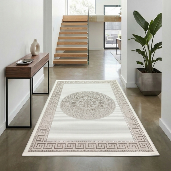 Preview: Orientalischer Designerteppich mit glänzendem Ornament in weiß-beige/bronze