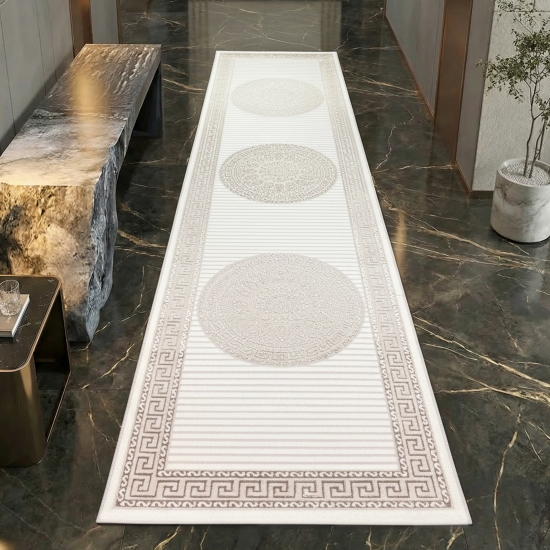 Preview: Orientalischer Designerteppich mit glänzendem Ornament in weiß-beige/bronze