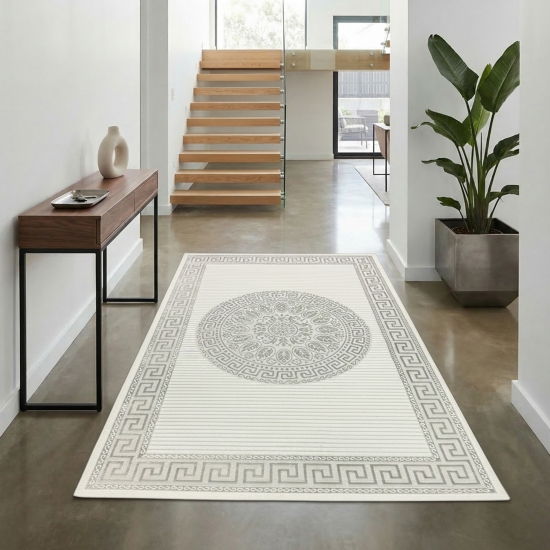 Preview: Orientalischer Designerteppich mit Ornament in grau anthrazit mit Glanzeffekt