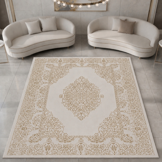 Teppich Creme Gold Ornament Design Wohnzimmer