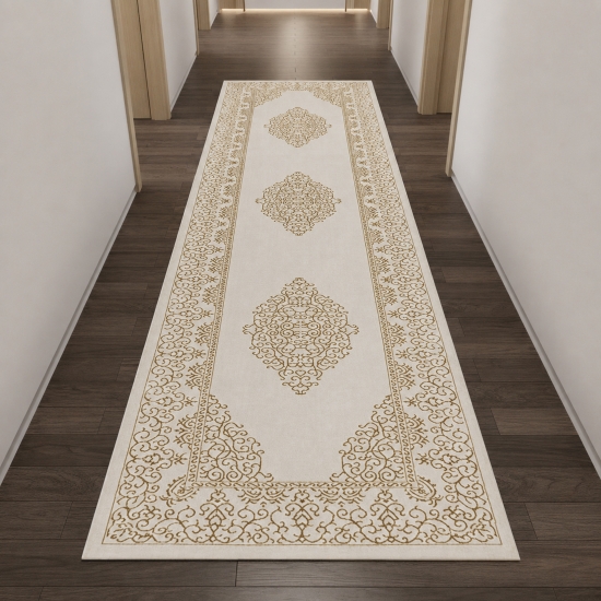 Preview: Teppich Creme Gold Ornament Design Wohnzimmer