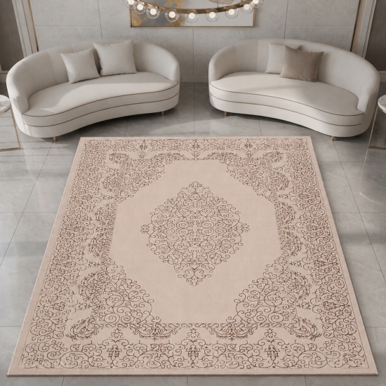 Teppich Beige Ornament Design wohnlich Wohnzimmer