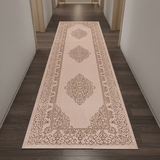 Preview: Teppich Beige Ornament Design wohnlich Wohnzimmer