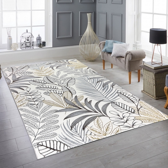 Exotischer Teppich Stilvoll Pflegeleicht mit Blättermuster in Creme Gold